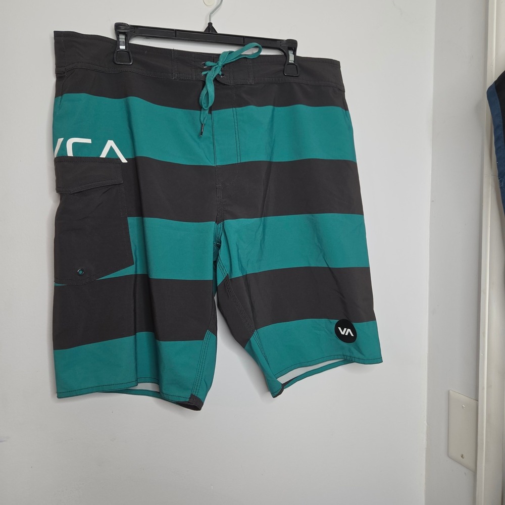 RVCA Industry Mens Board Shorts Teal Charcoal Grey Striped Swim Trunks Size 36